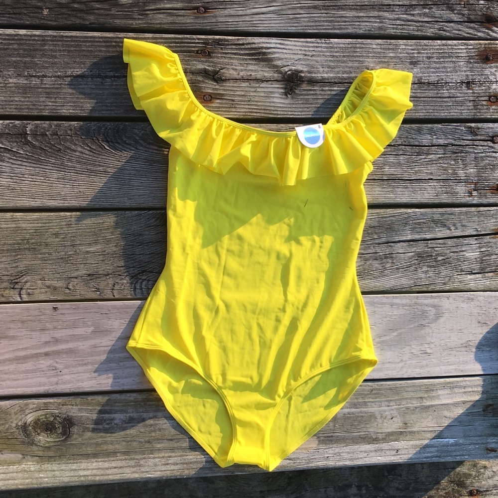 Asos Monki Ruffle Off shoulder yellow one piece swimsuit M medium - Picture 3 of 8